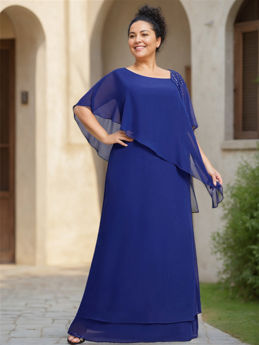 Asymmetrical Ruffle Chiffon Long Mother of the Bride Dress with Short Sleeves