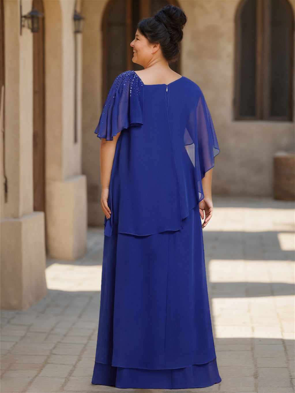 Asymmetrical Ruffle Chiffon Long Mother of the Bride Dress with Short Sleeves