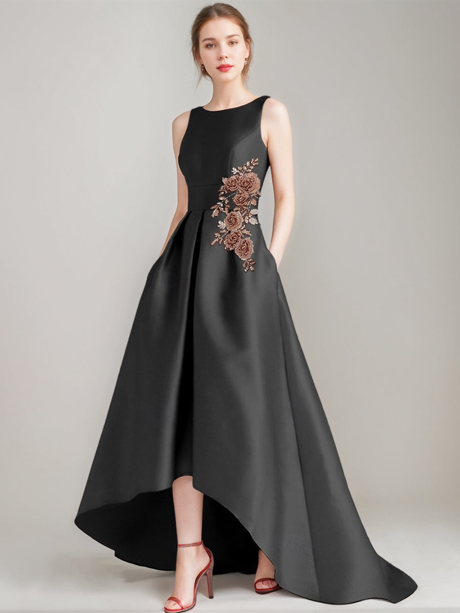 Asymmetrical Sleeveless A Line Mother of the Bride & Groom Dress with Appliques and Pocket