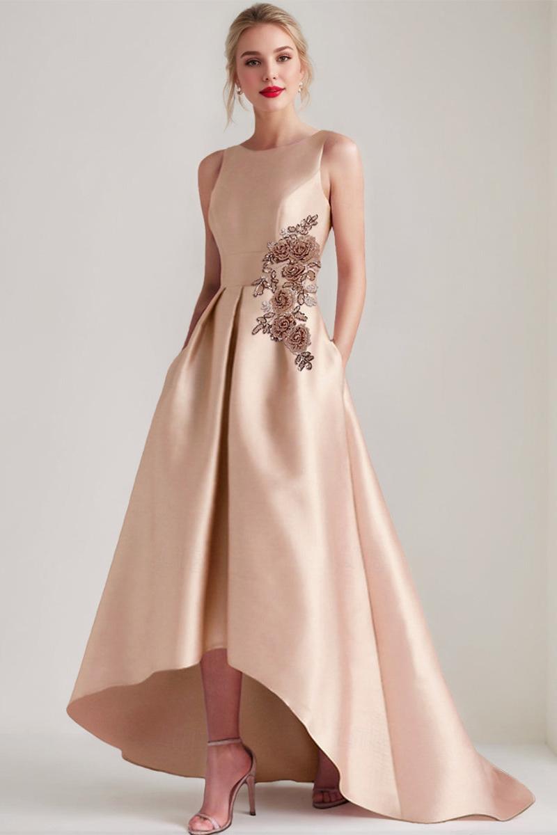 Asymmetrical Sleeveless A Line Mother of the Bride & Groom Dress with Appliques and Pocket