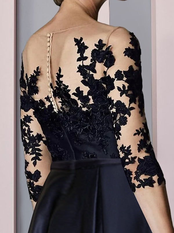 Asymmetrical Tea Length A Line Mother of the Bride Dress with Illusion Neck