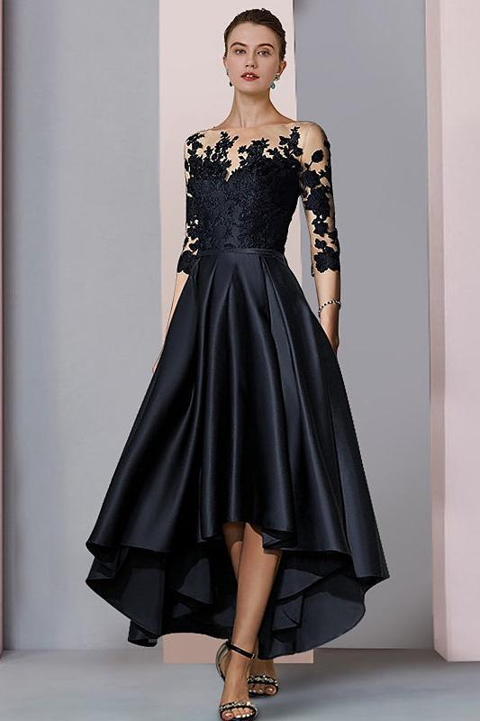 Asymmetrical Tea Length A Line Mother of the Bride Dress with Illusion Neck