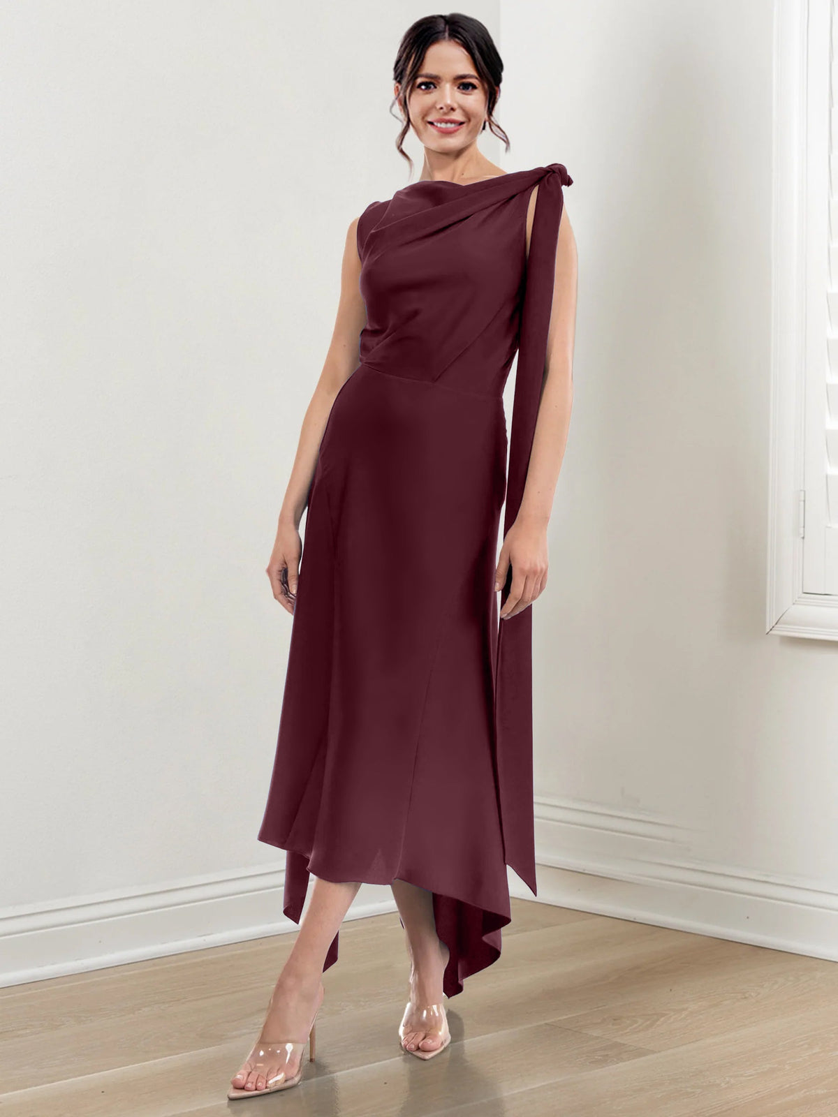 Asymmetrical Tea Length Mother of the Bride Sheath Dress with Ruched Column Jewel Neck