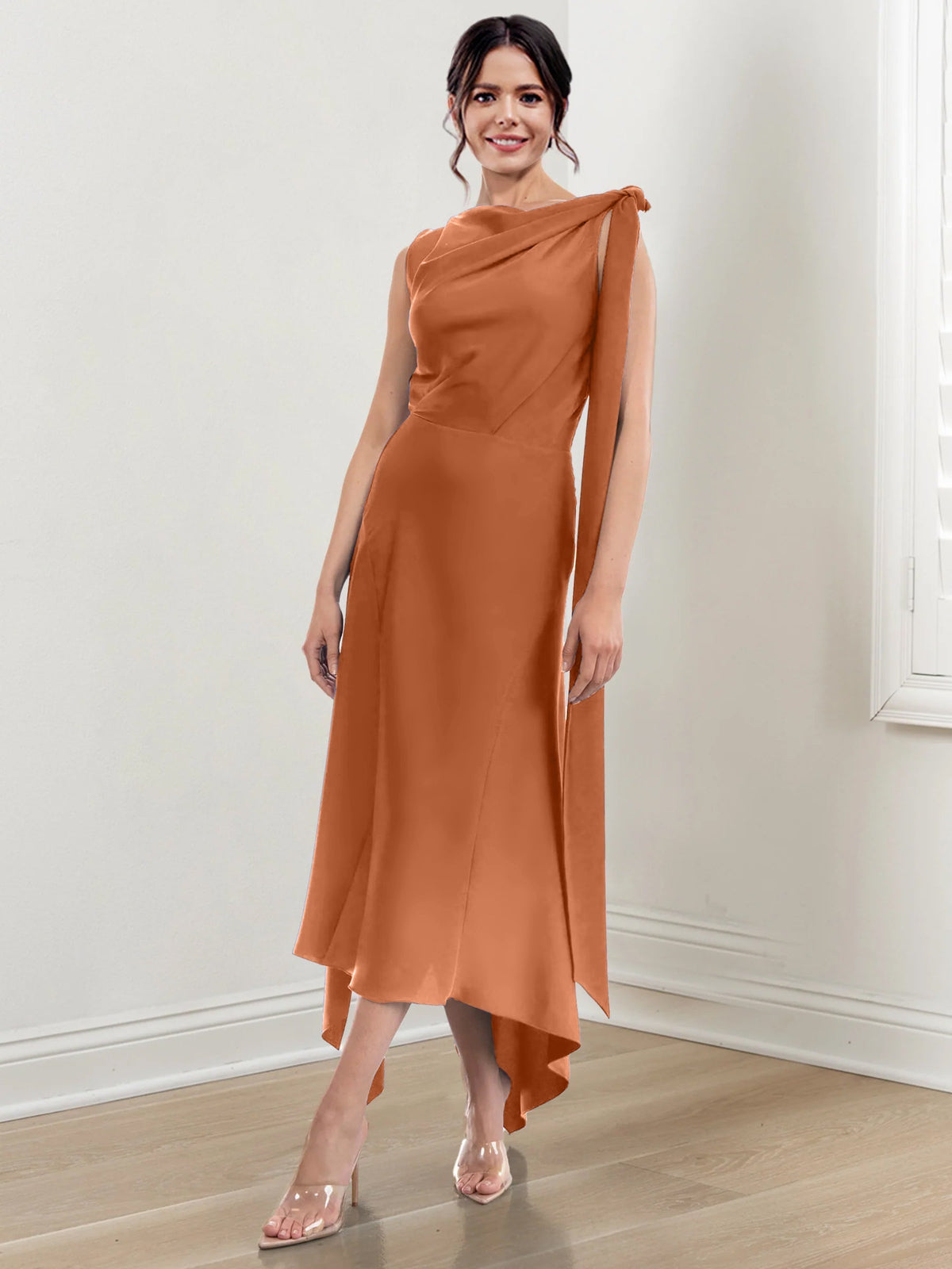 Asymmetrical Tea Length Mother of the Bride Sheath Dress with Ruched Column Jewel Neck