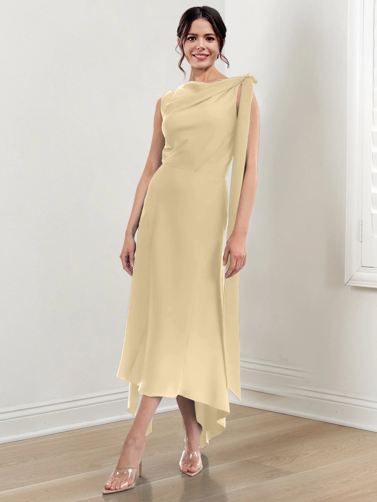 Asymmetrical Tea Length Mother of the Bride Sheath Dress with Ruched Column Jewel Neck