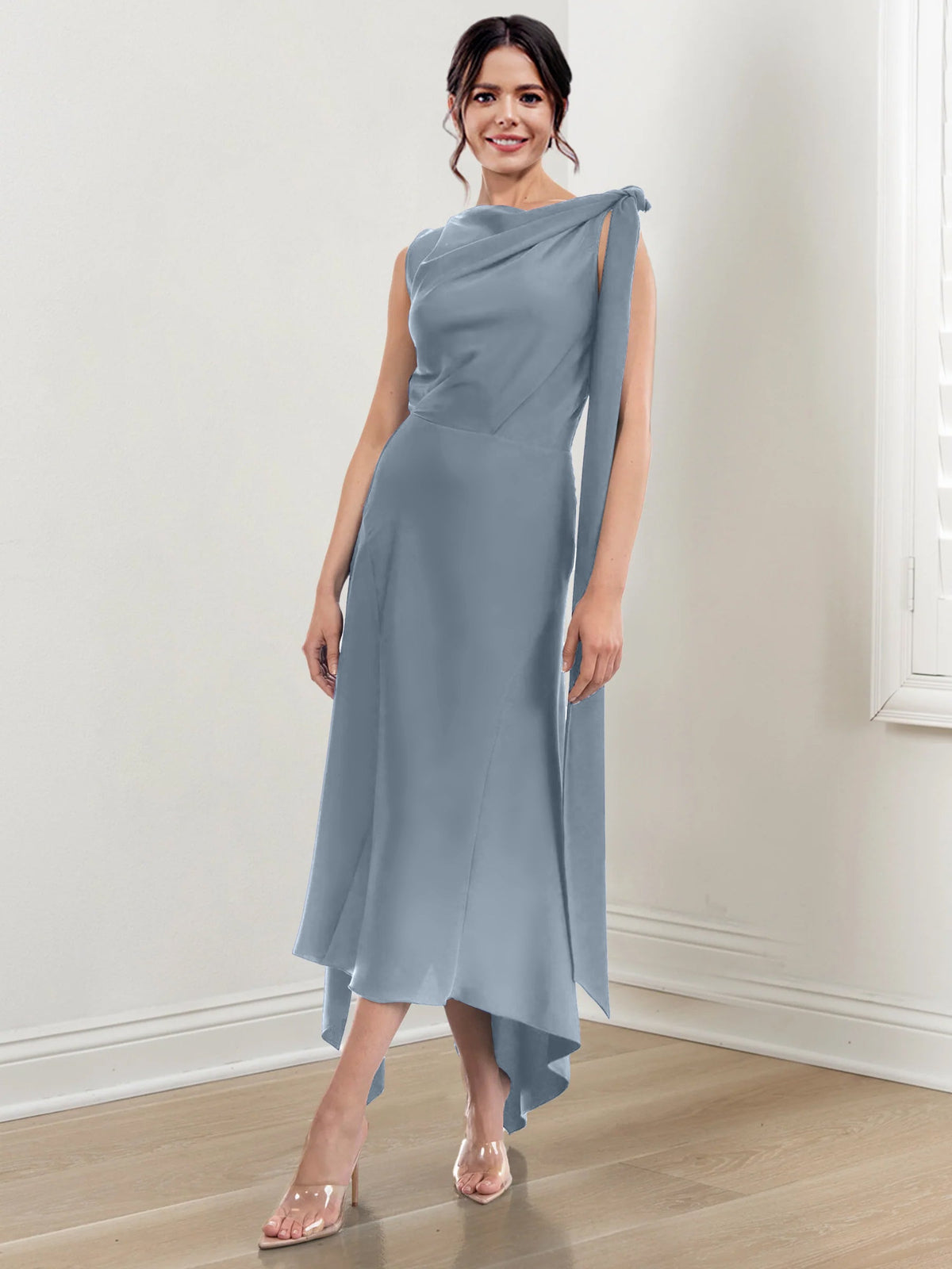 Asymmetrical Tea Length Mother of the Bride Sheath Dress with Ruched Column Jewel Neck