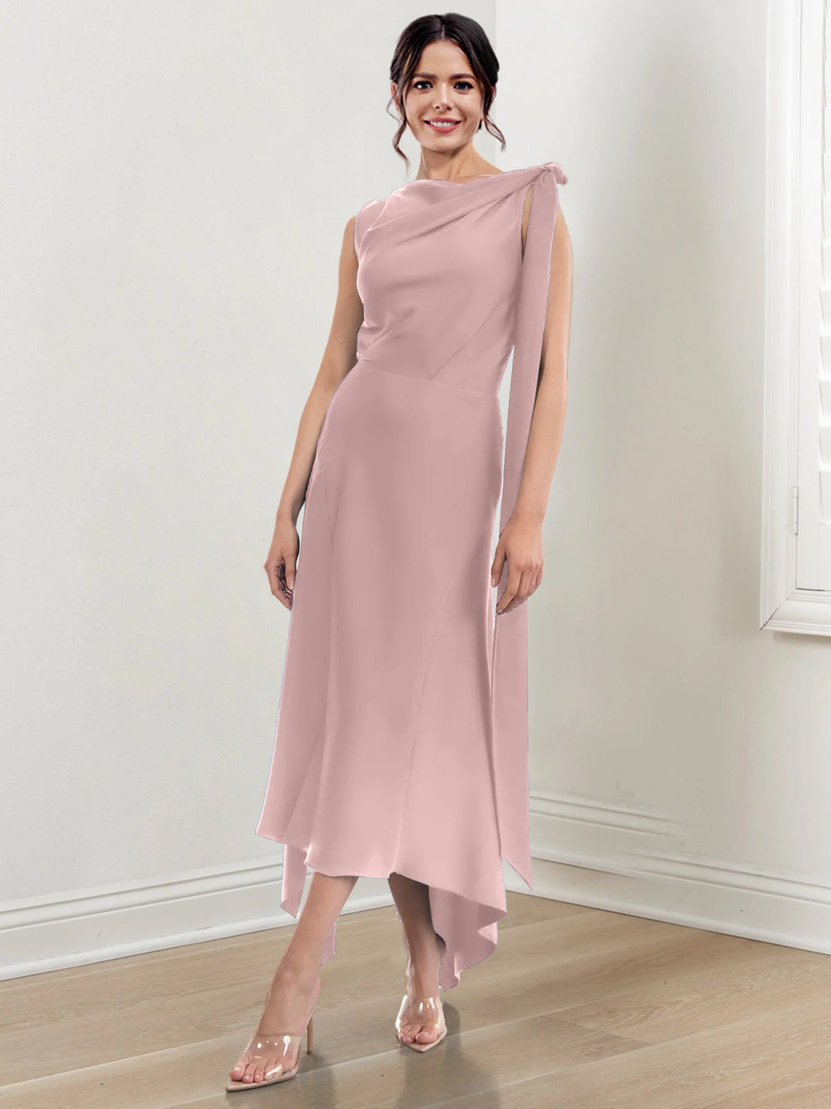 Asymmetrical Tea Length Mother of the Bride Sheath Dress with Ruched Column Jewel Neck