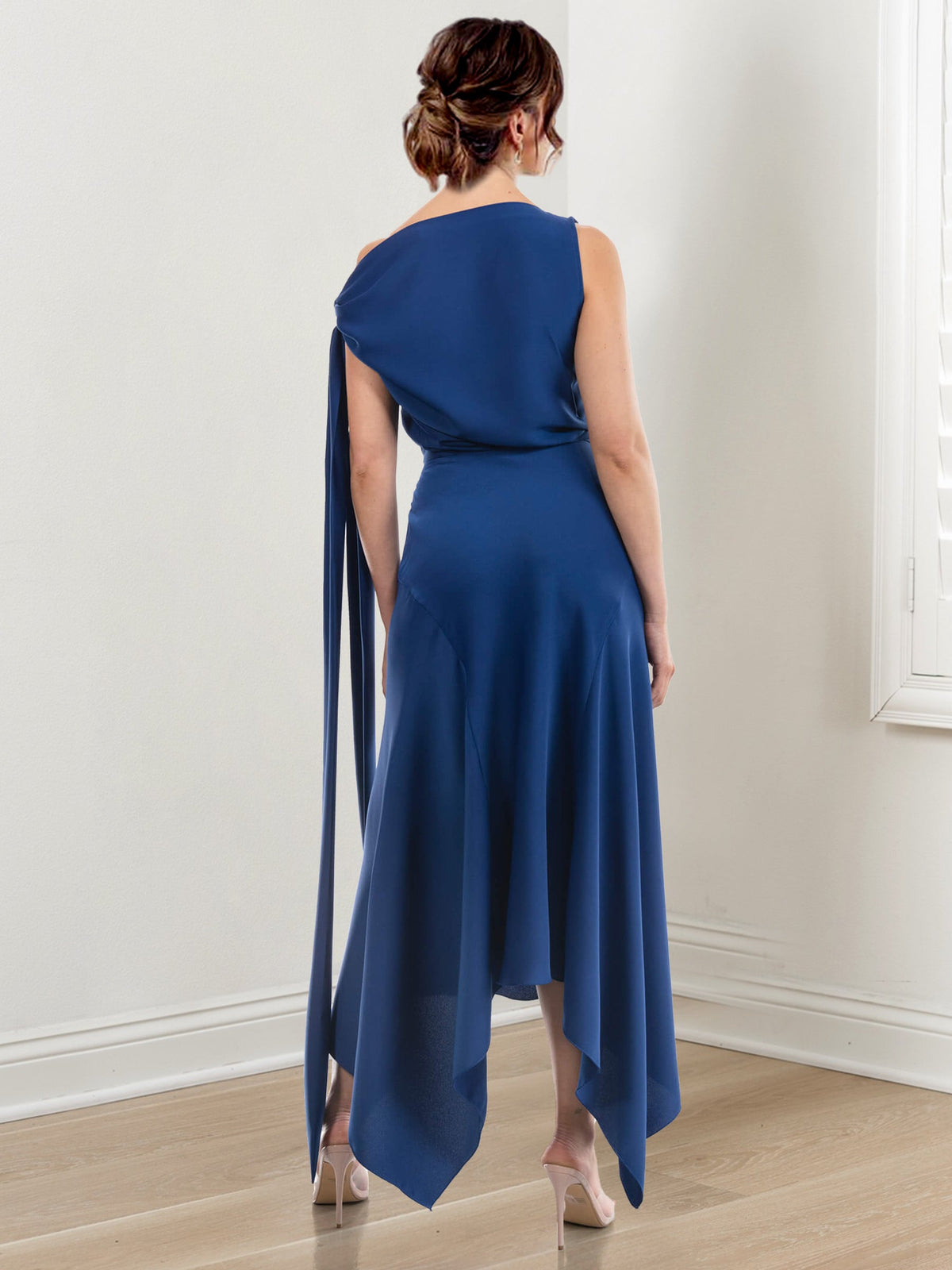 Asymmetrical Tea Length Mother of the Bride Sheath Dress with Ruched Column Jewel Neck