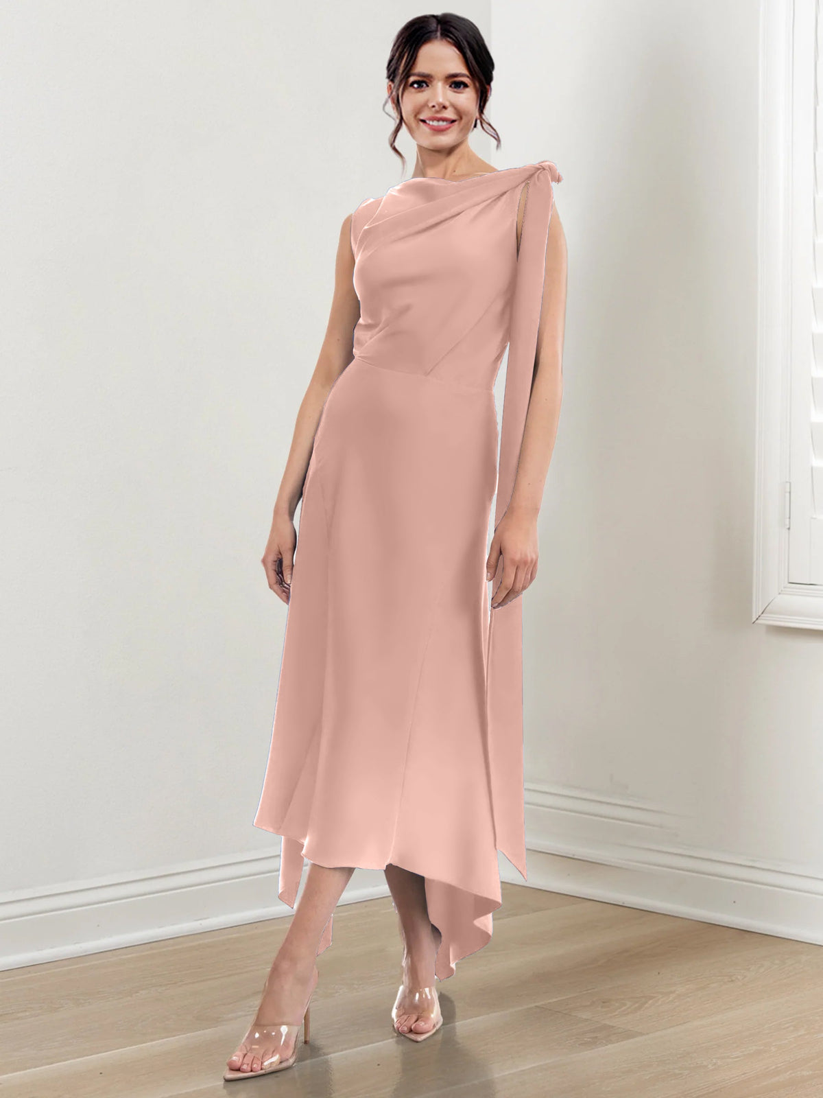 Asymmetrical Tea Length Mother of the Bride Sheath Dress with Ruched Column Jewel Neck