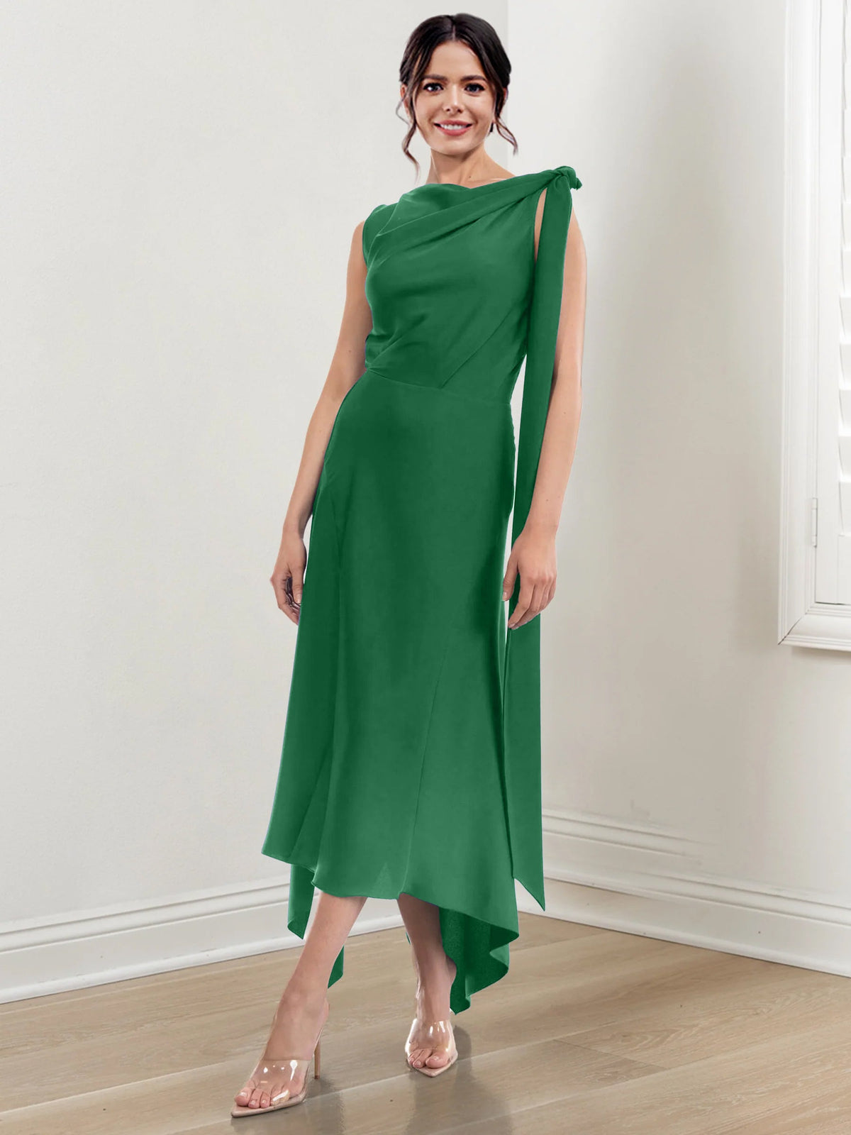 Asymmetrical Tea Length Mother of the Bride Sheath Dress with Ruched Column Jewel Neck