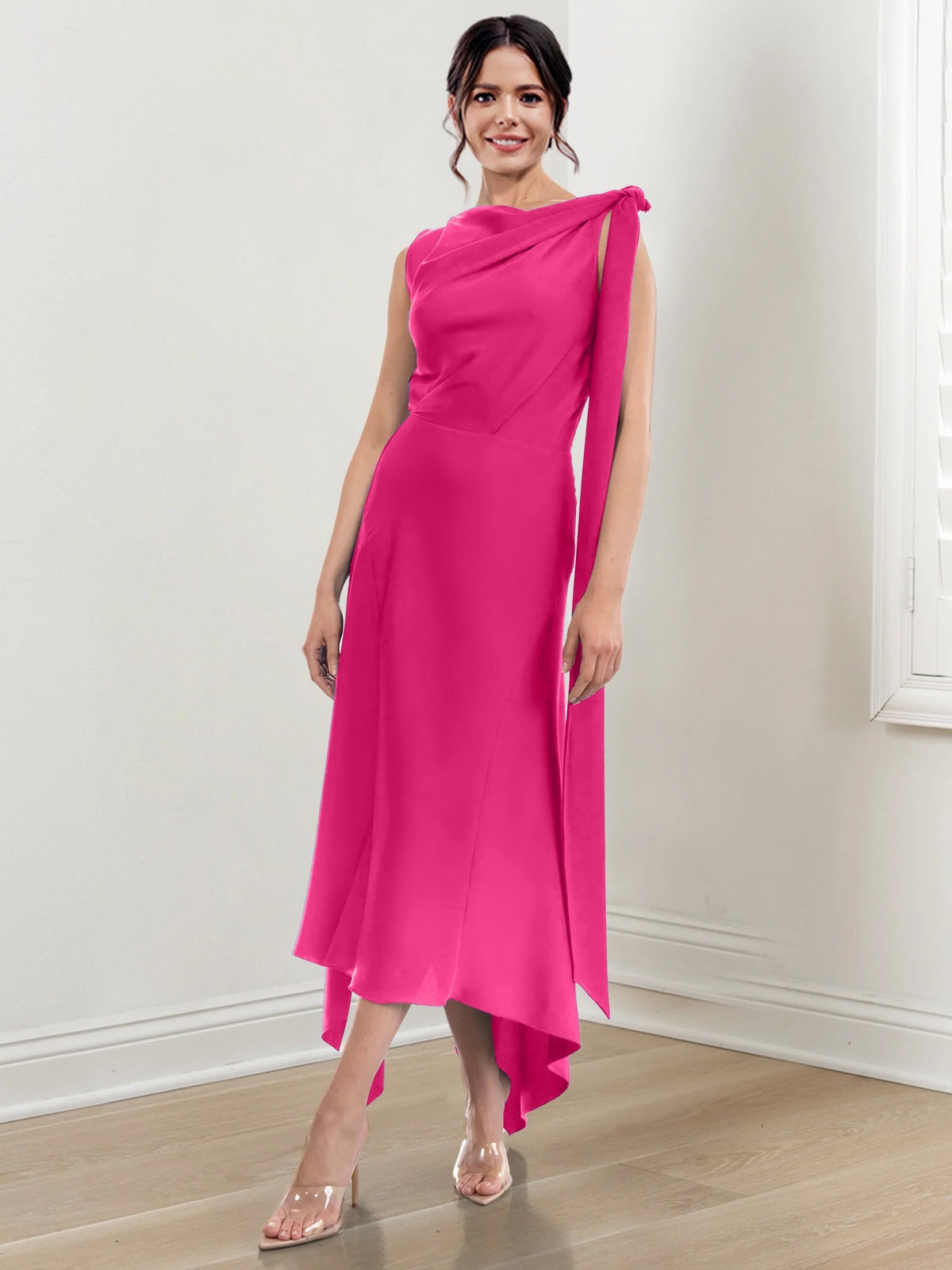Asymmetrical Tea Length Mother of the Bride Sheath Dress with Ruched Column Jewel Neck