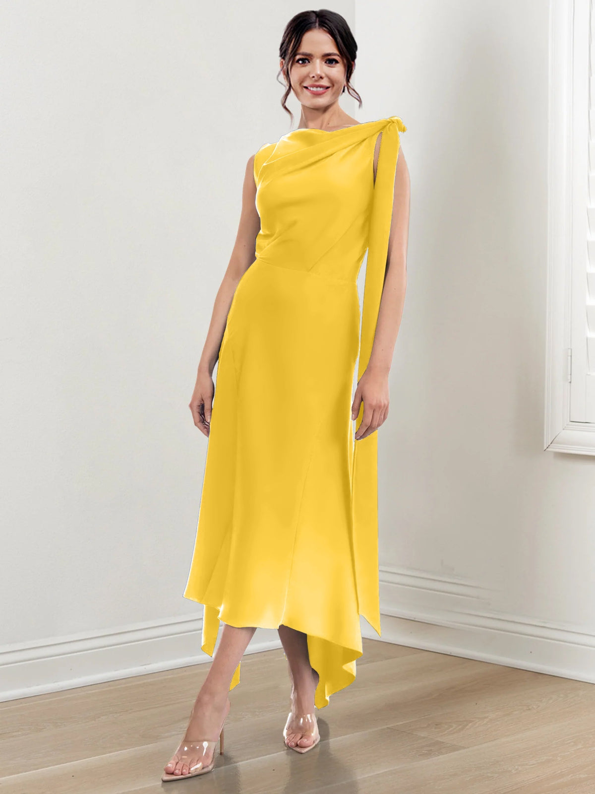 Asymmetrical Tea Length Mother of the Bride Sheath Dress with Ruched Column Jewel Neck