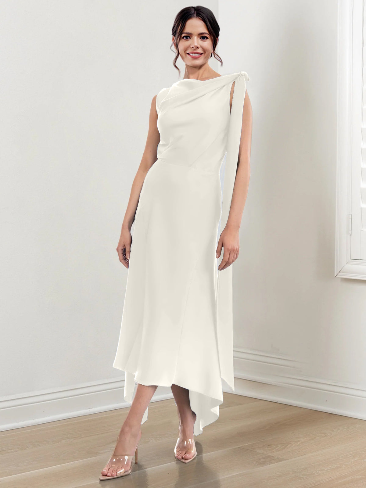 Asymmetrical Tea Length Mother of the Bride Sheath Dress with Ruched Column Jewel Neck