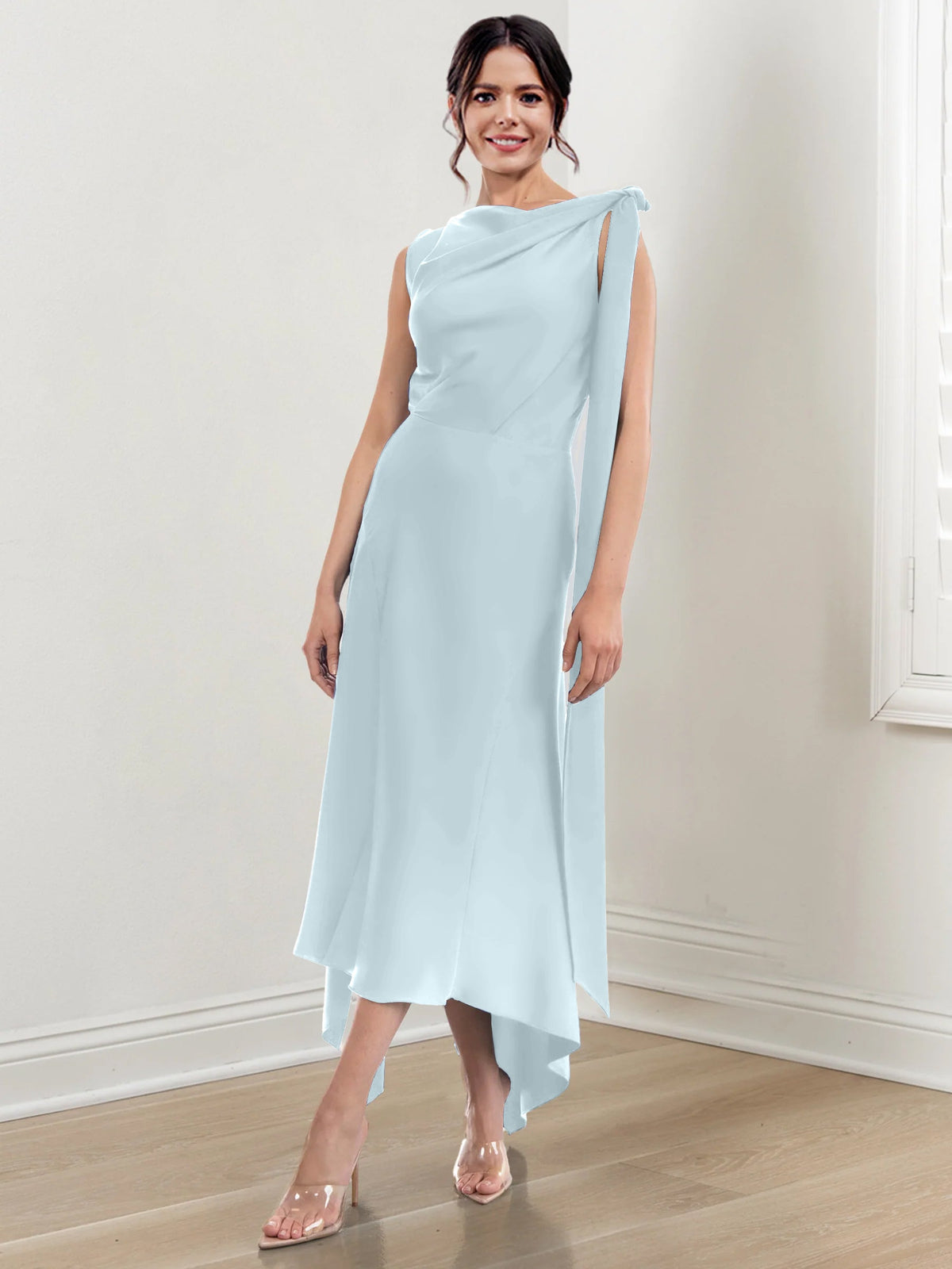 Asymmetrical Tea Length Mother of the Bride Sheath Dress with Ruched Column Jewel Neck