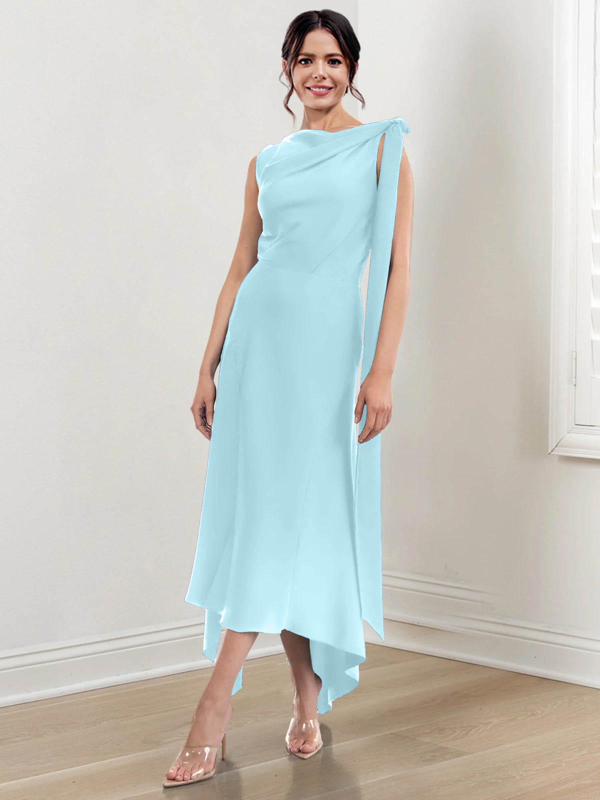 Asymmetrical Tea Length Mother of the Bride Sheath Dress with Ruched Column Jewel Neck