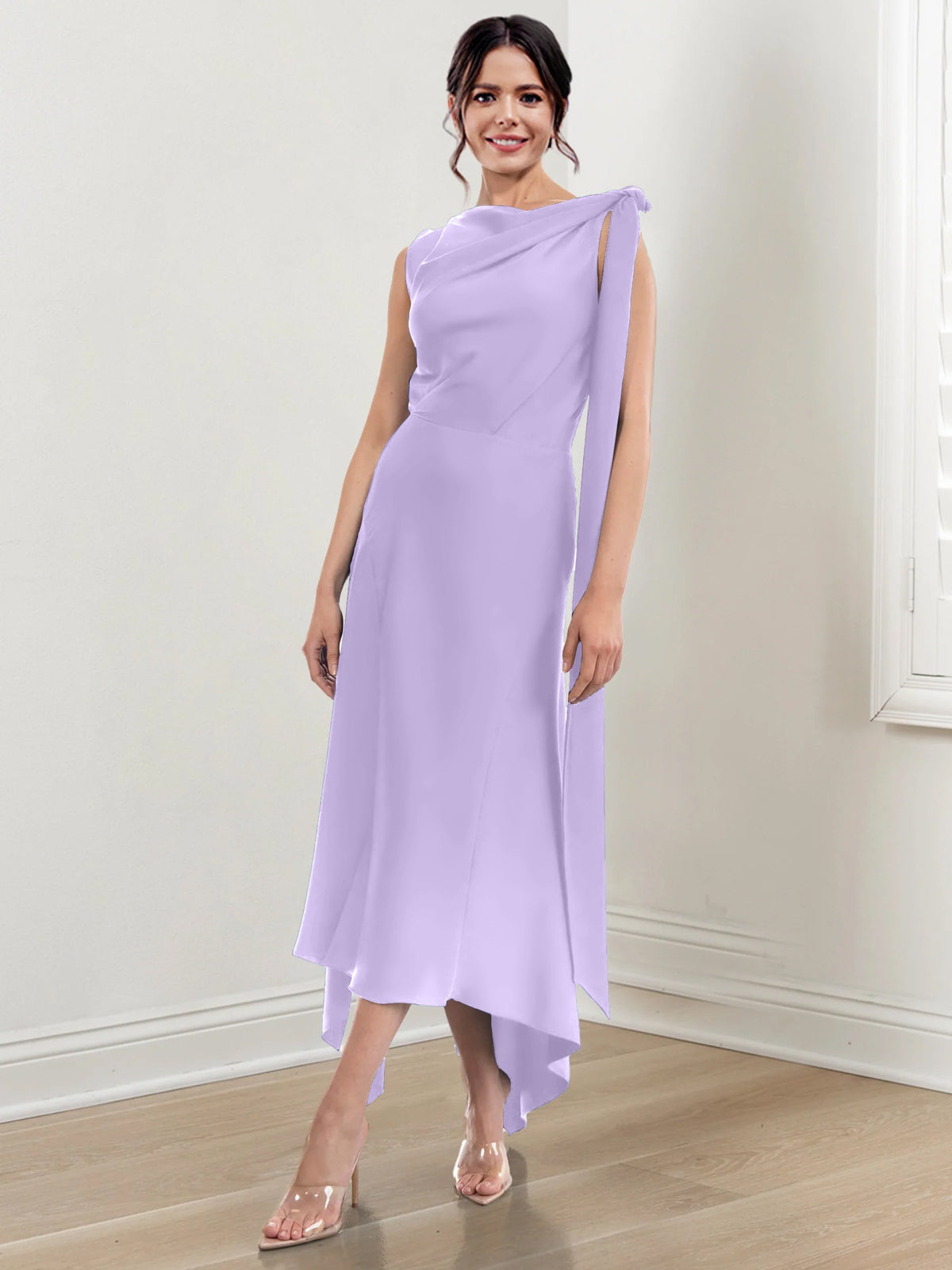 Asymmetrical Tea Length Mother of the Bride Sheath Dress with Ruched Column Jewel Neck