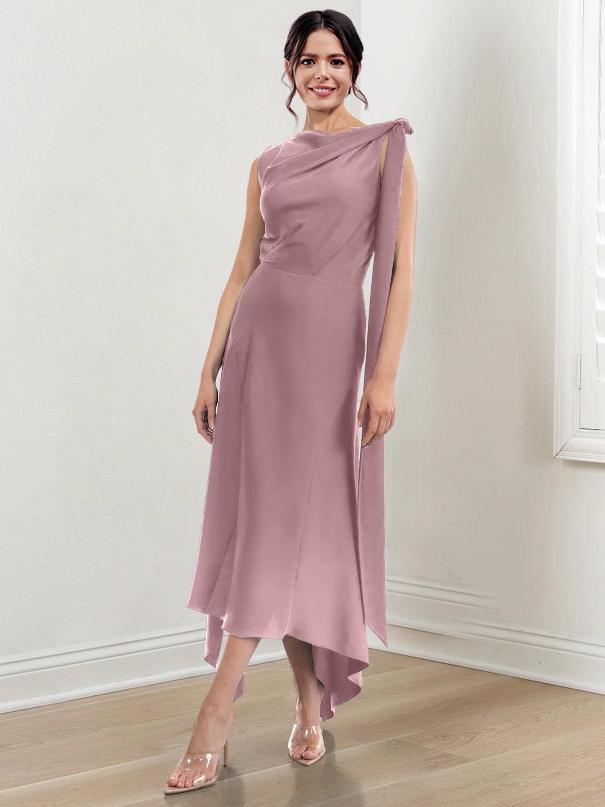 Asymmetrical Tea Length Mother of the Bride Sheath Dress with Ruched Column Jewel Neck