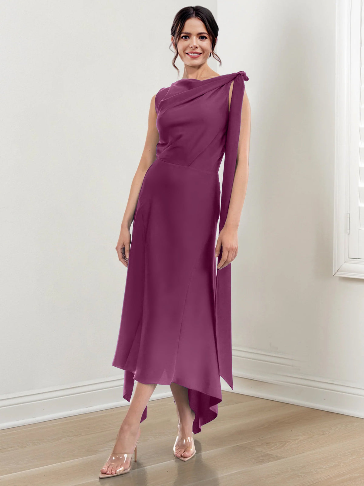 Asymmetrical Tea Length Mother of the Bride Sheath Dress with Ruched Column Jewel Neck