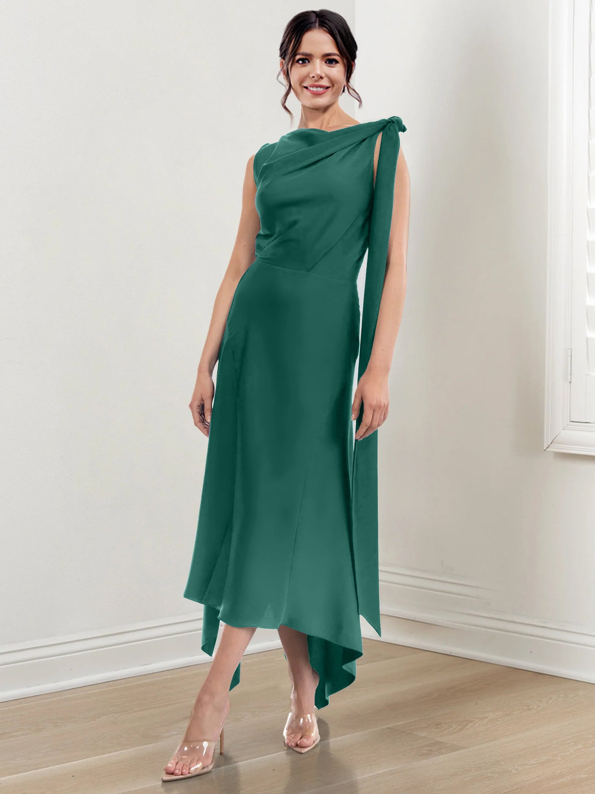 Asymmetrical Tea Length Mother of the Bride Sheath Dress with Ruched Column Jewel Neck