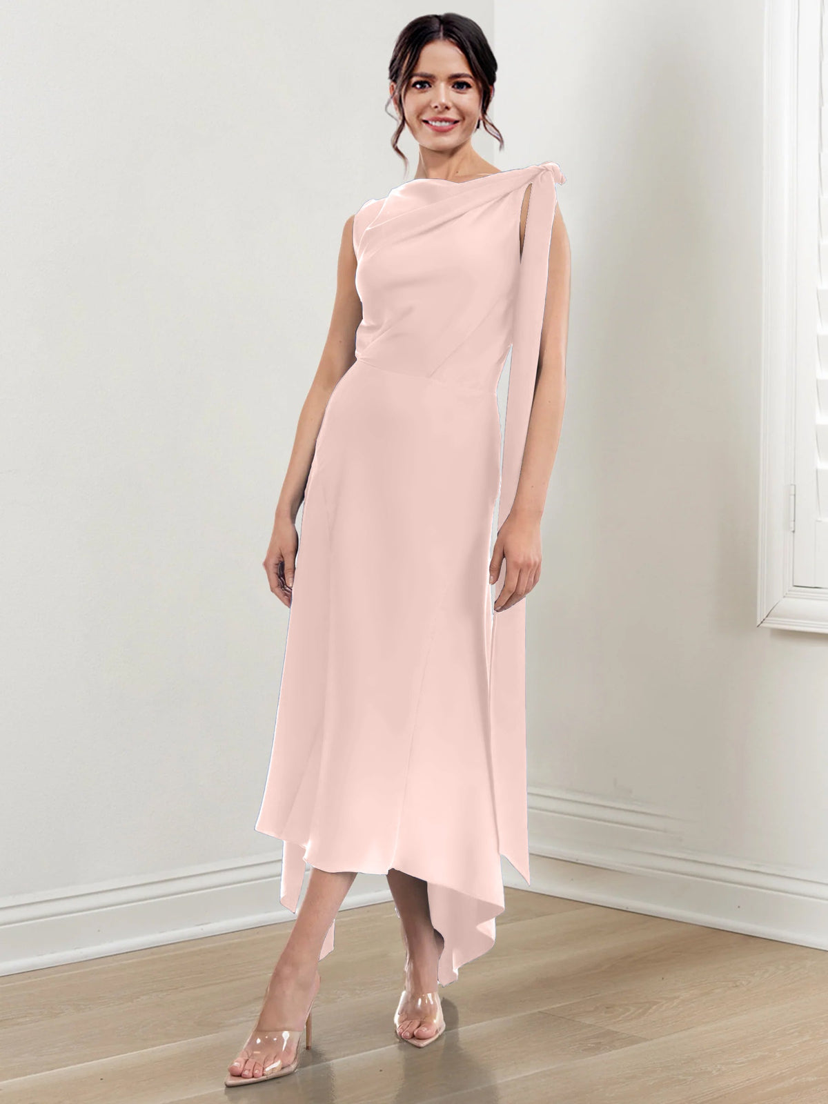 Asymmetrical Tea Length Mother of the Bride Sheath Dress with Ruched Column Jewel Neck