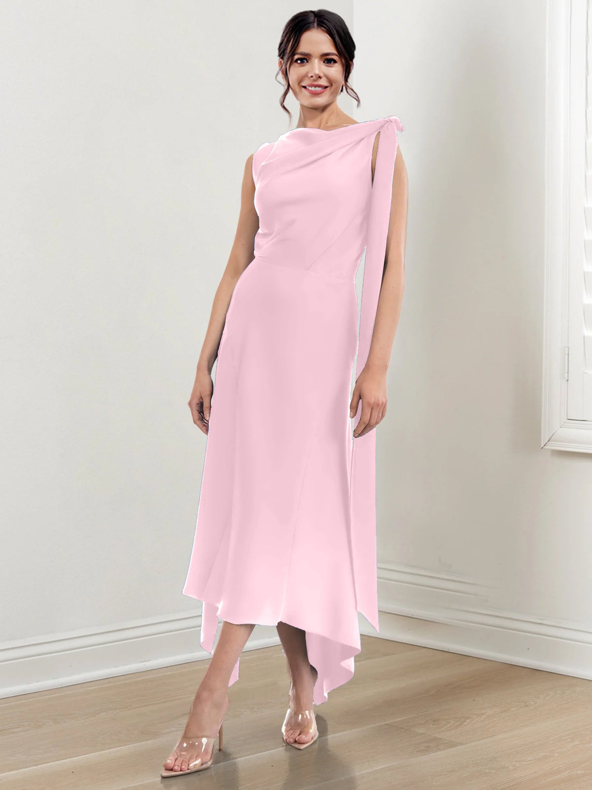 Asymmetrical Tea Length Mother of the Bride Sheath Dress with Ruched Column Jewel Neck