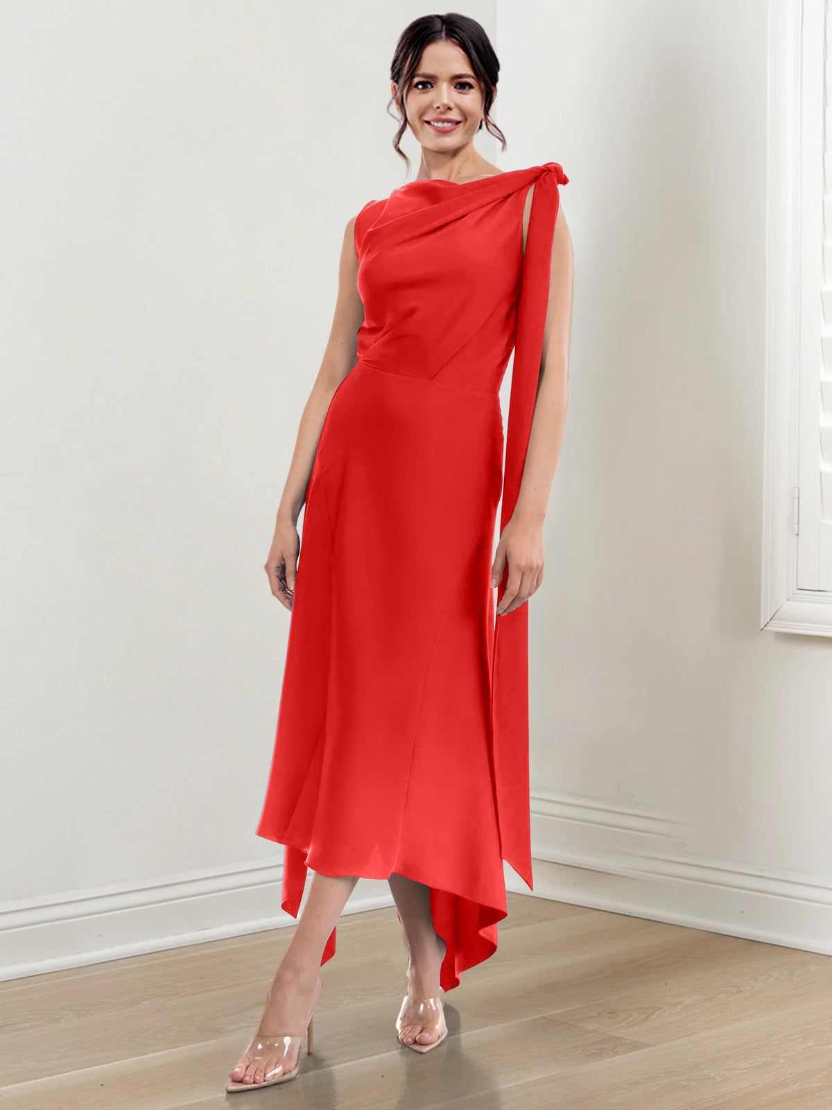 Asymmetrical Tea Length Mother of the Bride Sheath Dress with Ruched Column Jewel Neck