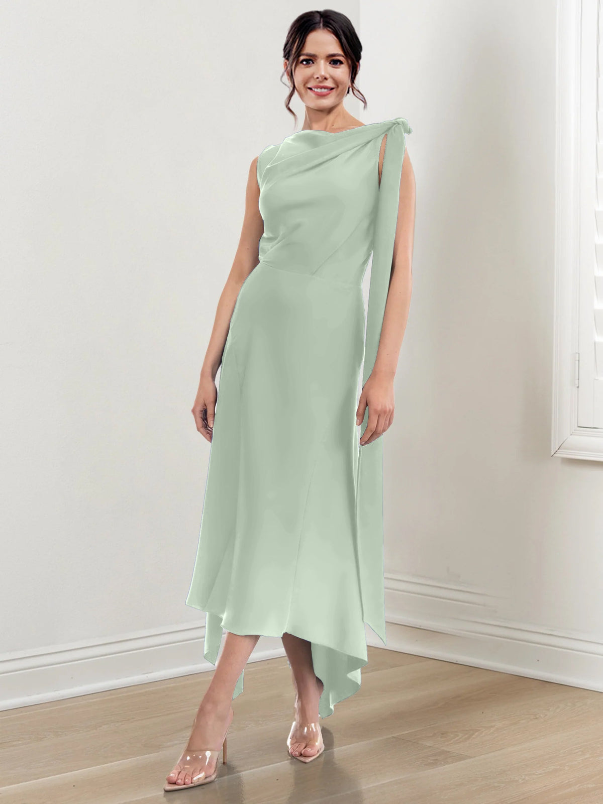 Asymmetrical Tea Length Mother of the Bride Sheath Dress with Ruched Column Jewel Neck