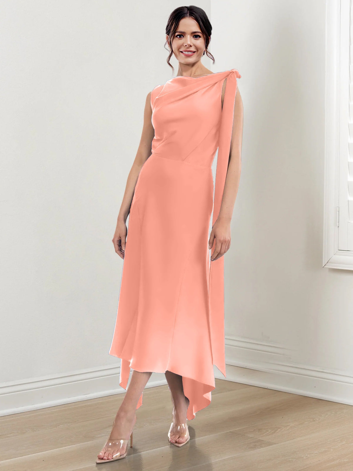Asymmetrical Tea Length Mother of the Bride Sheath Dress with Ruched Column Jewel Neck