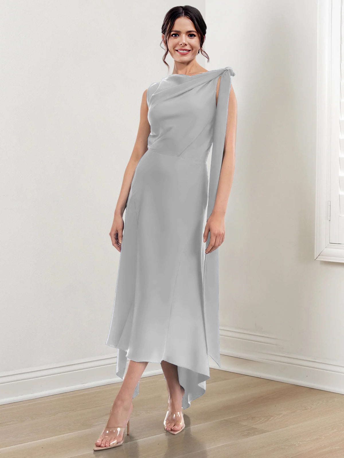 Asymmetrical Tea Length Mother of the Bride Sheath Dress with Ruched Column Jewel Neck