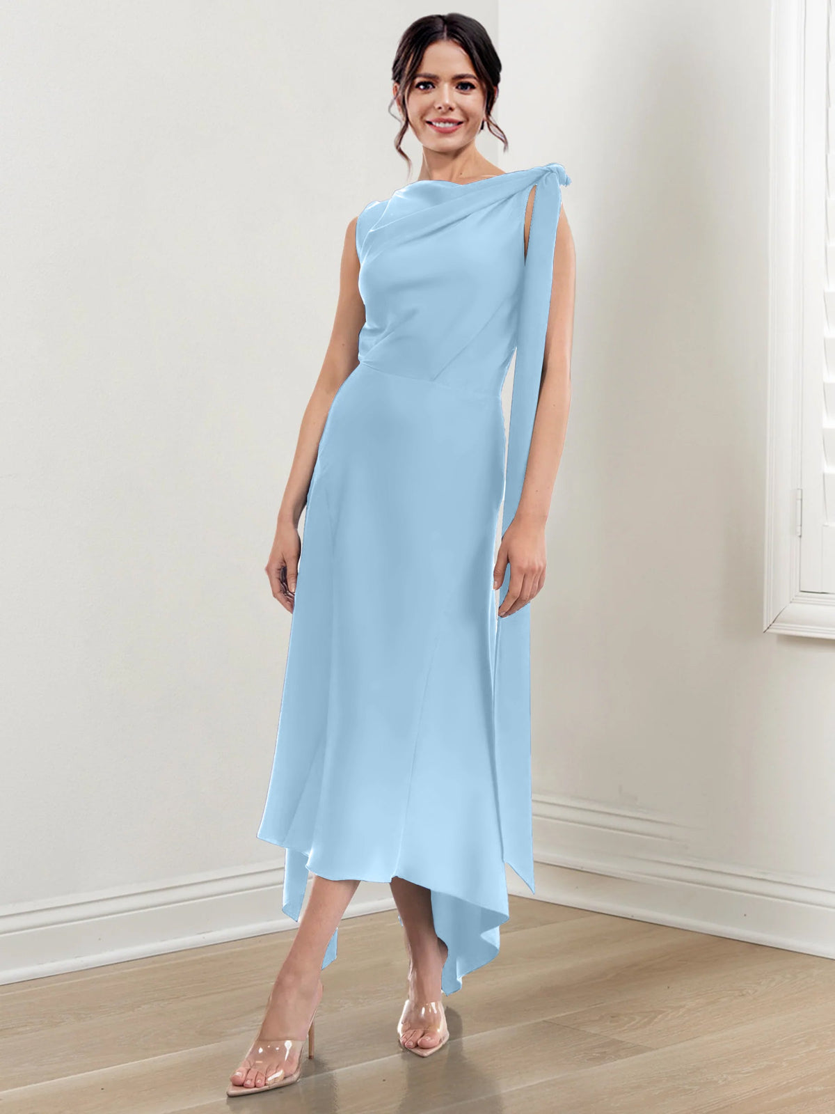 Asymmetrical Tea Length Mother of the Bride Sheath Dress with Ruched Column Jewel Neck