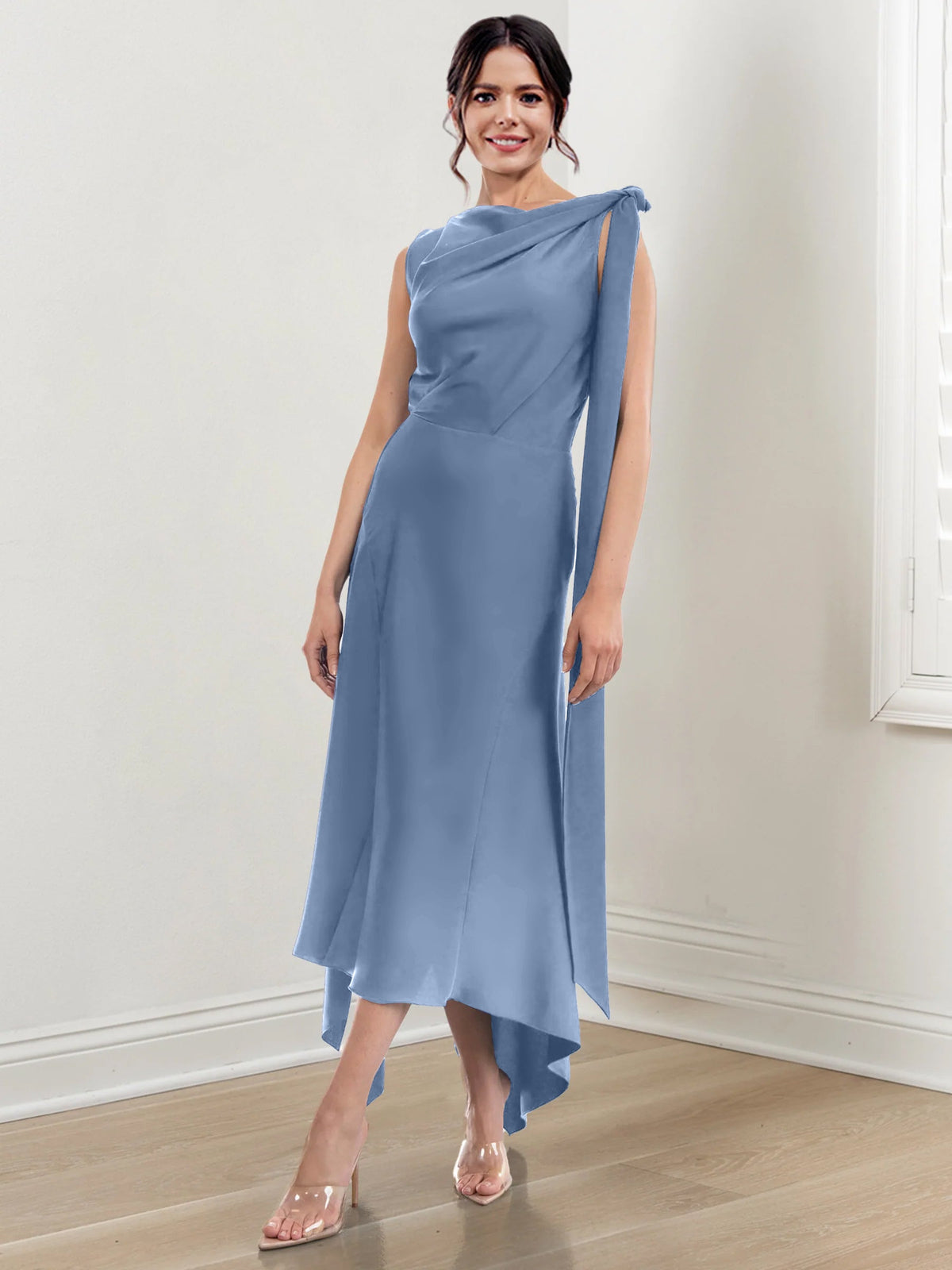 Asymmetrical Tea Length Mother of the Bride Sheath Dress with Ruched Column Jewel Neck