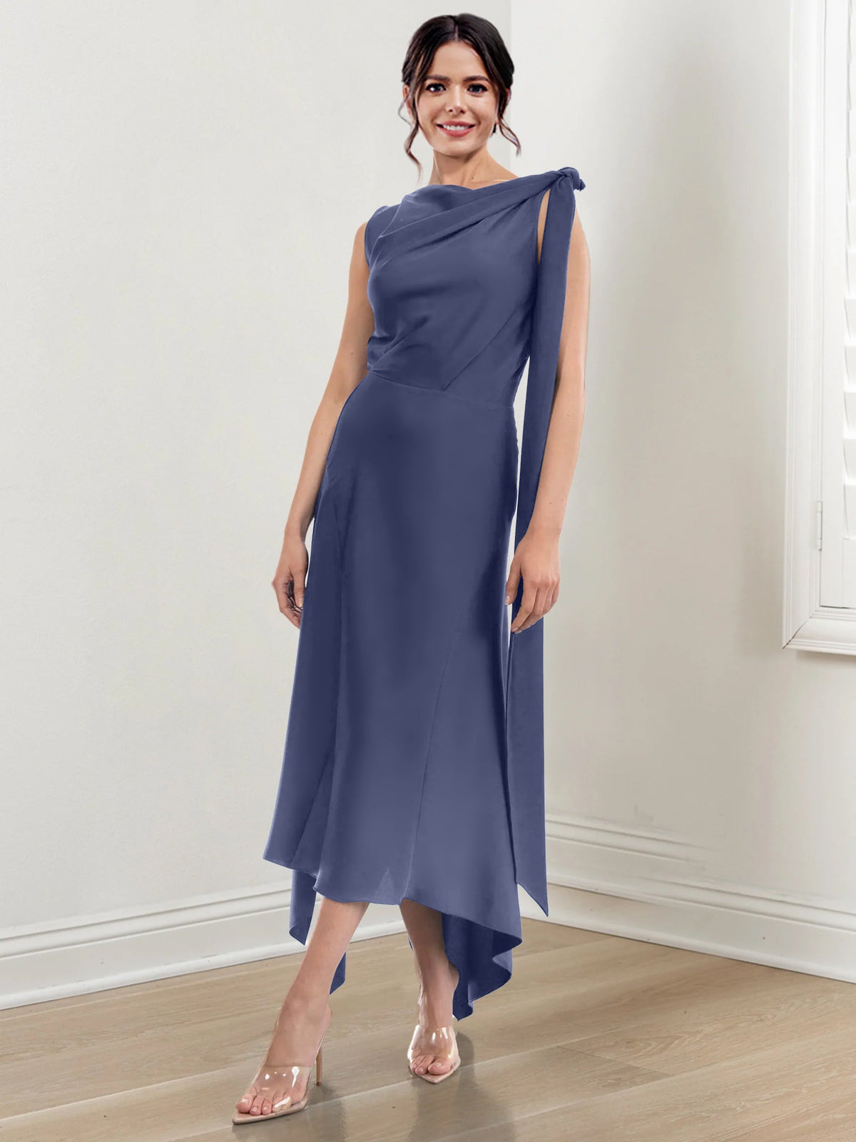 Asymmetrical Tea Length Mother of the Bride Sheath Dress with Ruched Column Jewel Neck