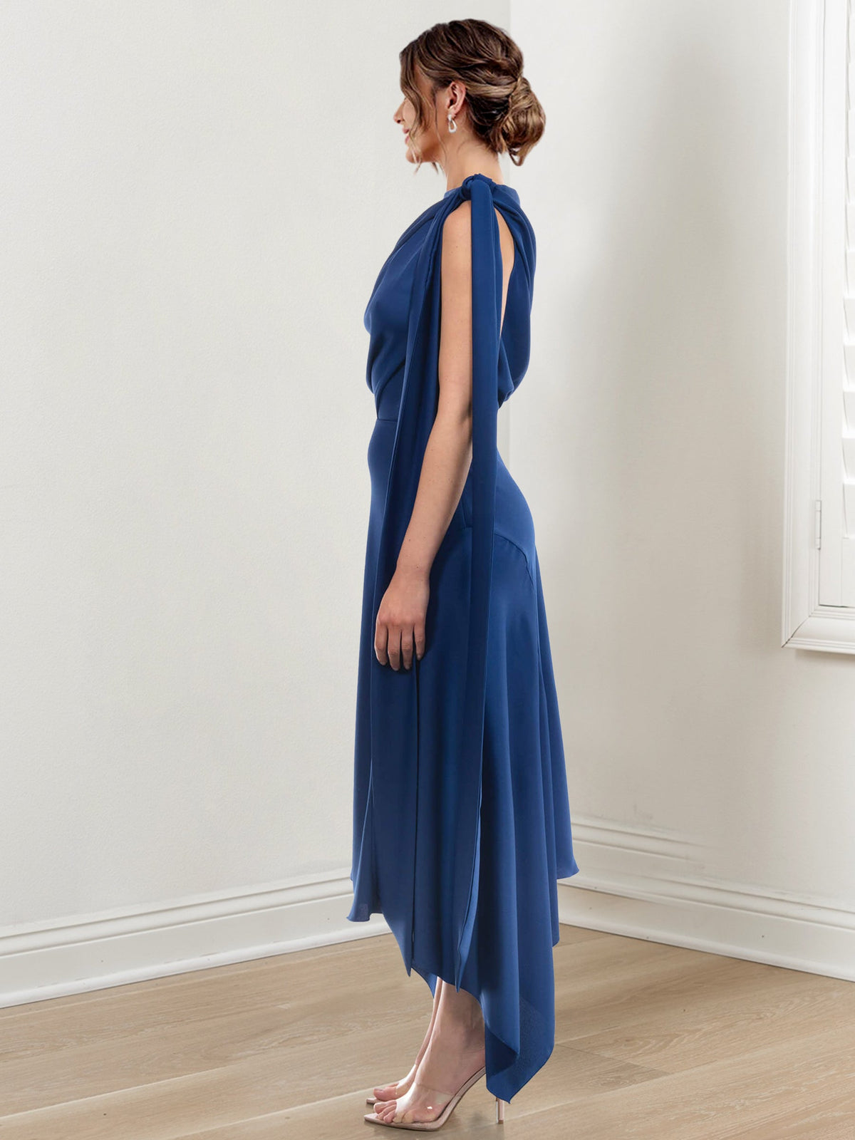 Asymmetrical Tea Length Mother of the Bride Sheath Dress with Ruched Column Jewel Neck