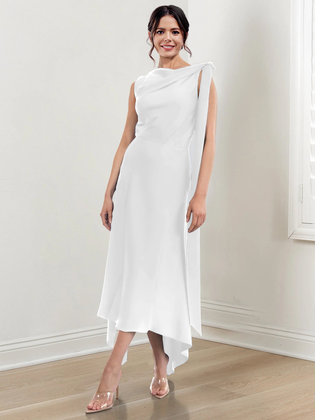 Asymmetrical Tea Length Mother of the Bride Sheath Dress with Ruched Column Jewel Neck