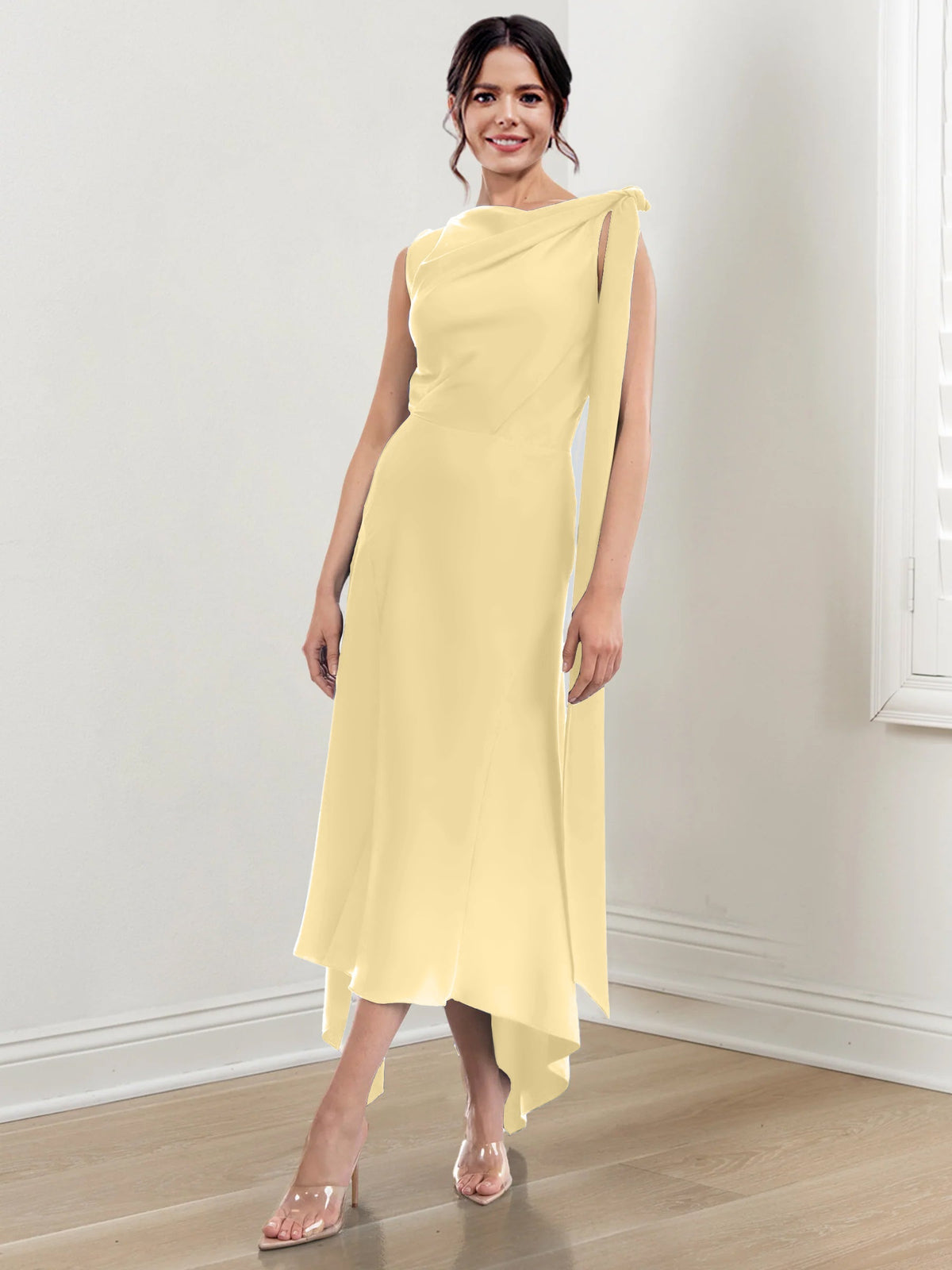 Asymmetrical Tea Length Mother of the Bride Sheath Dress with Ruched Column Jewel Neck