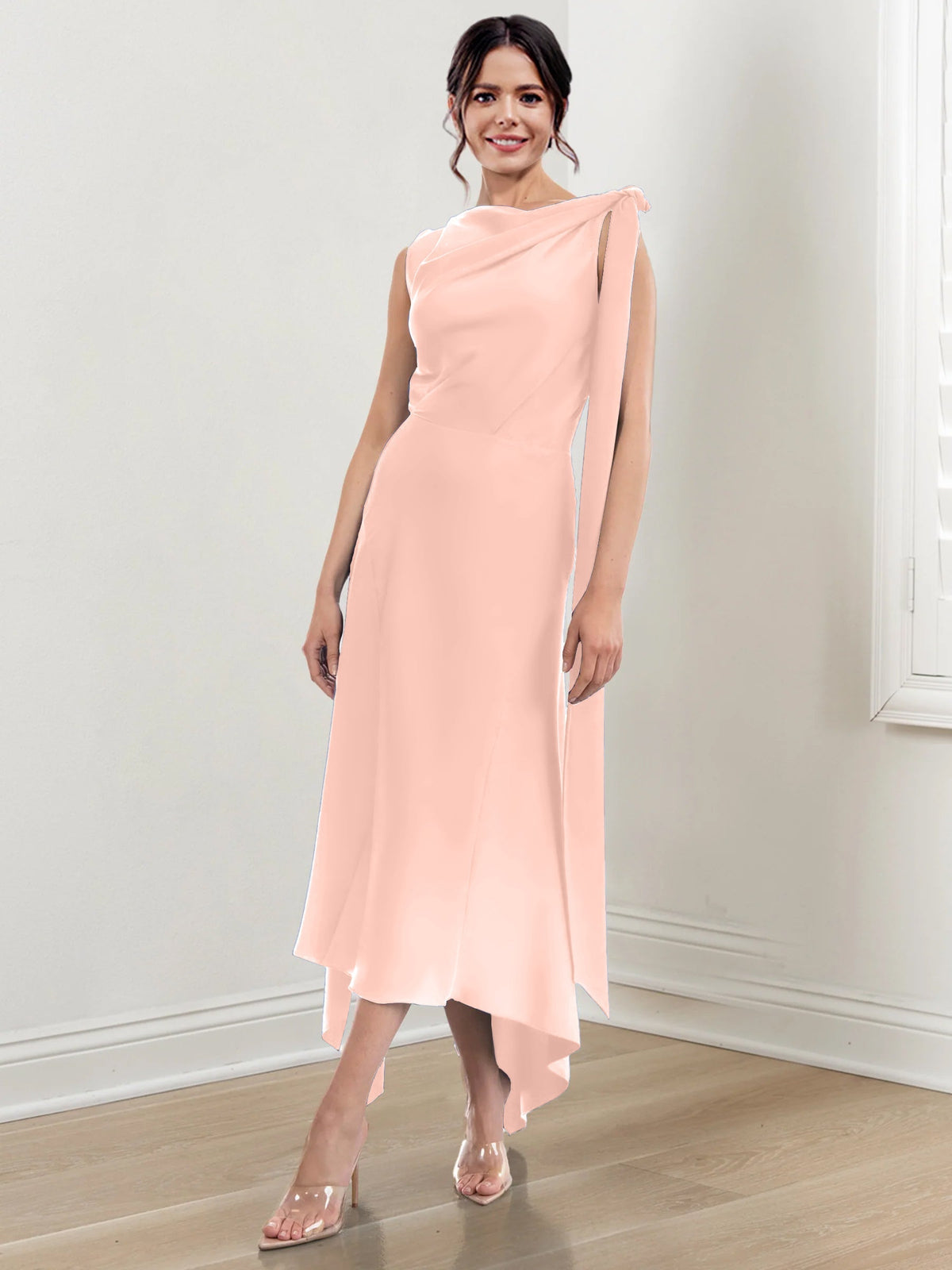 Asymmetrical Tea Length Mother of the Bride Sheath Dress with Ruched Column Jewel Neck
