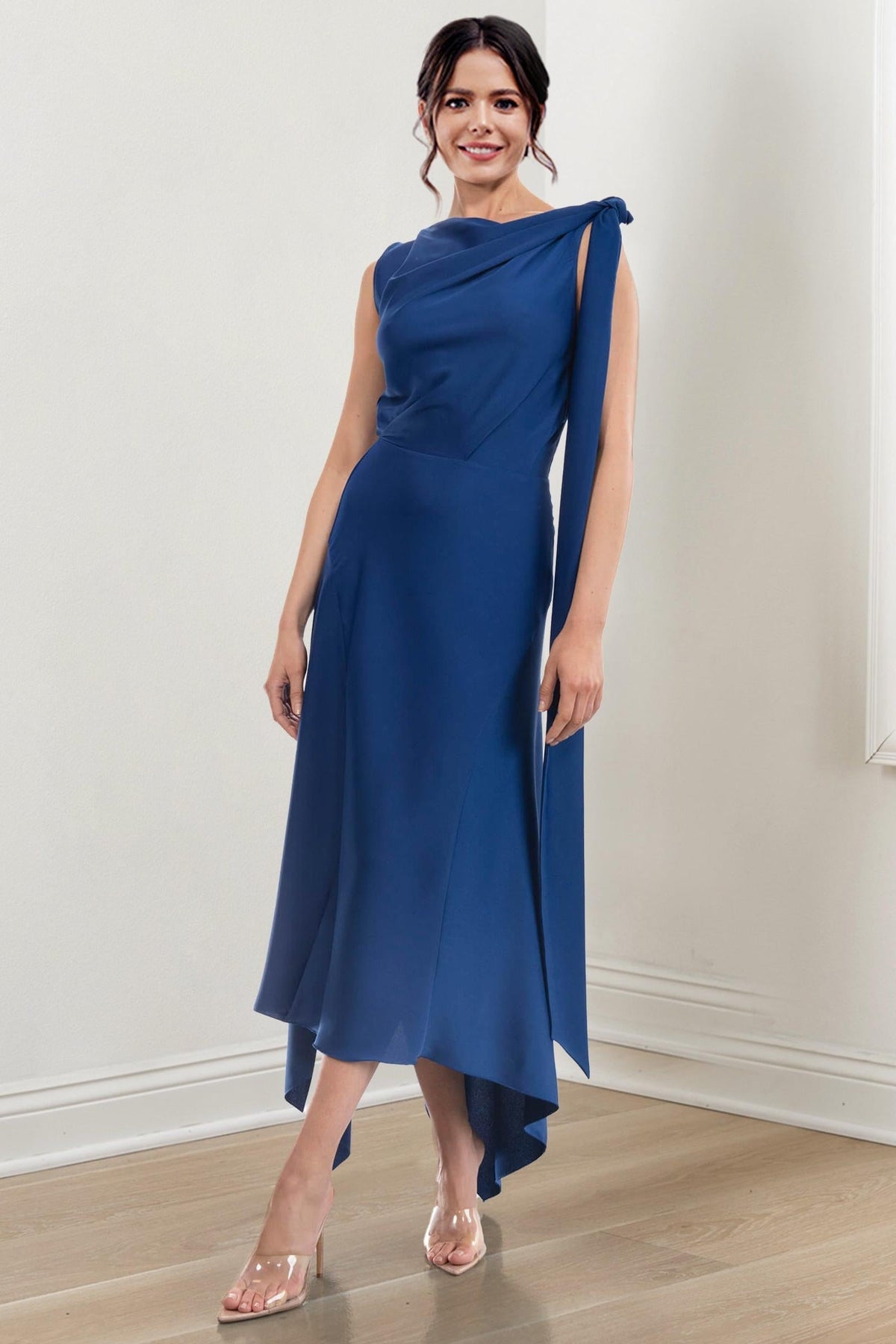 Asymmetrical Tea Length Mother of the Bride Sheath Dress with Ruched Column Jewel Neck