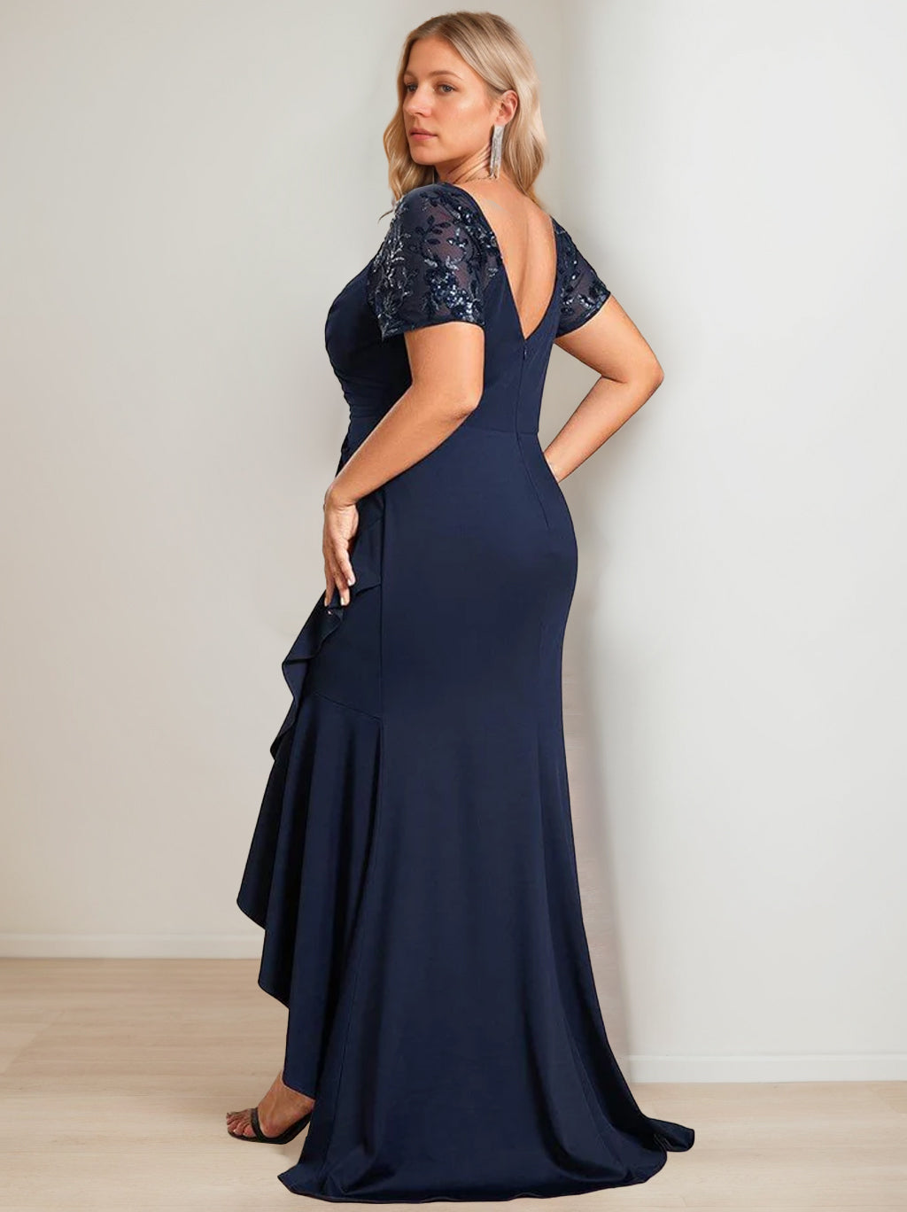 Asymmetrical V Neck Short Sleeve Sheath Dress for Plus Size Mother of the Bride with Sequins