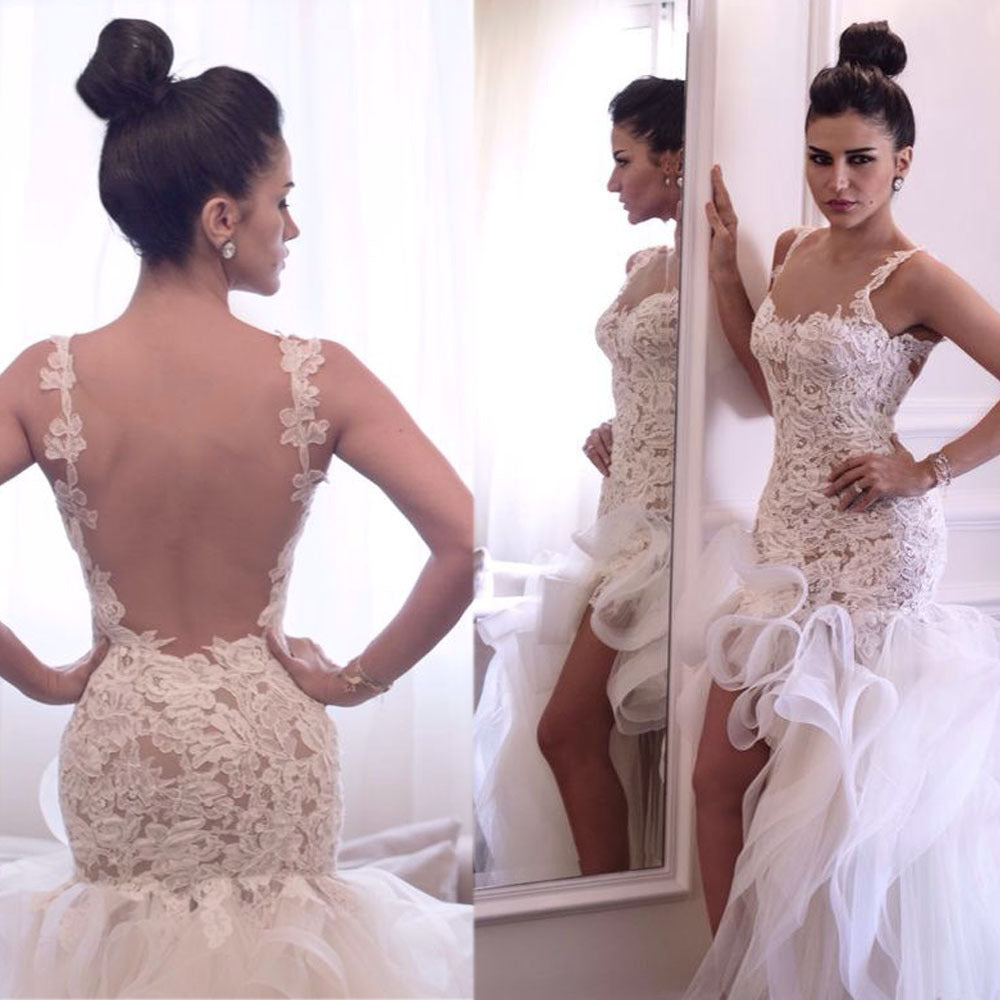 Attactive Lace Top Sheer Back Bridal Gowns Organza Sexy Short Front Long Back Beach Wedding Dress