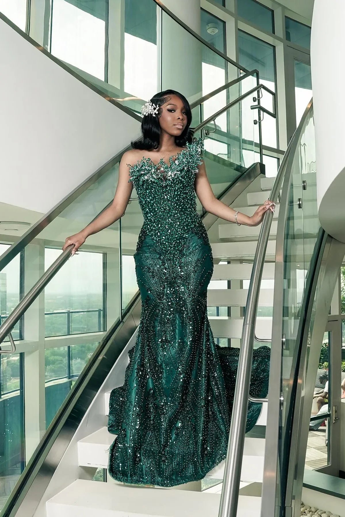 One shoulder Dark green Mermaid Sparkle Floor length Prom Dresses (ZD17396)