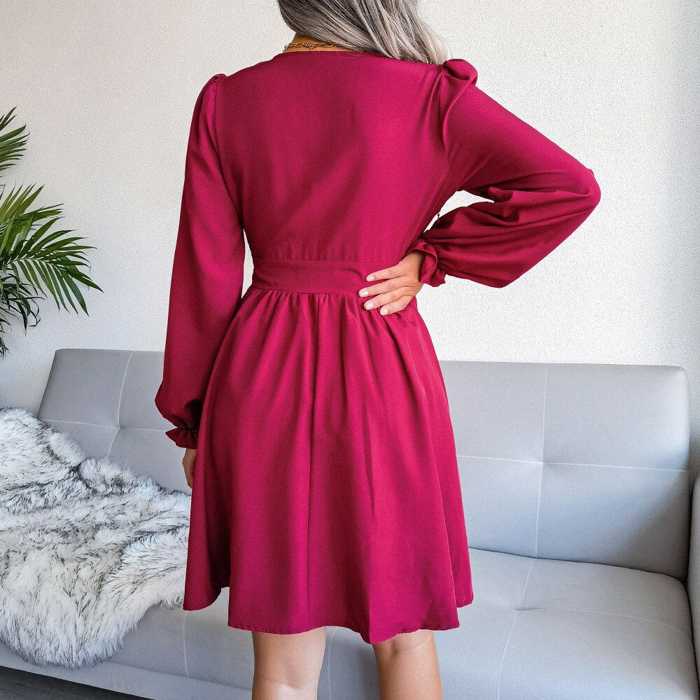 VNeck Solid Colorl Chiffon Dress