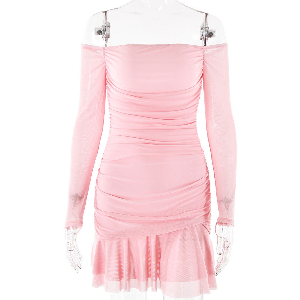 Pleated Tube Top Dress Long Sleeve Slim Fit