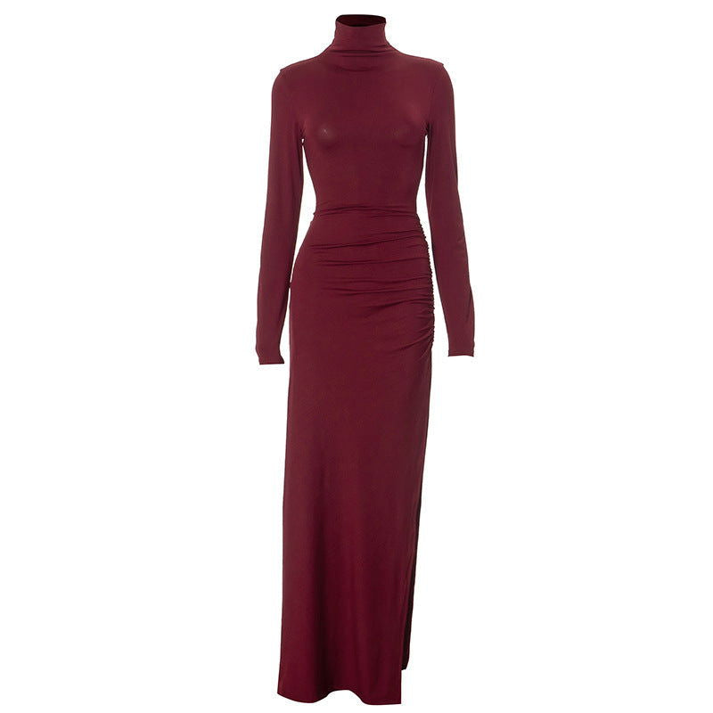 Solid Color Half High Collar Long Sleeves Slit Slim Fit Long Dress