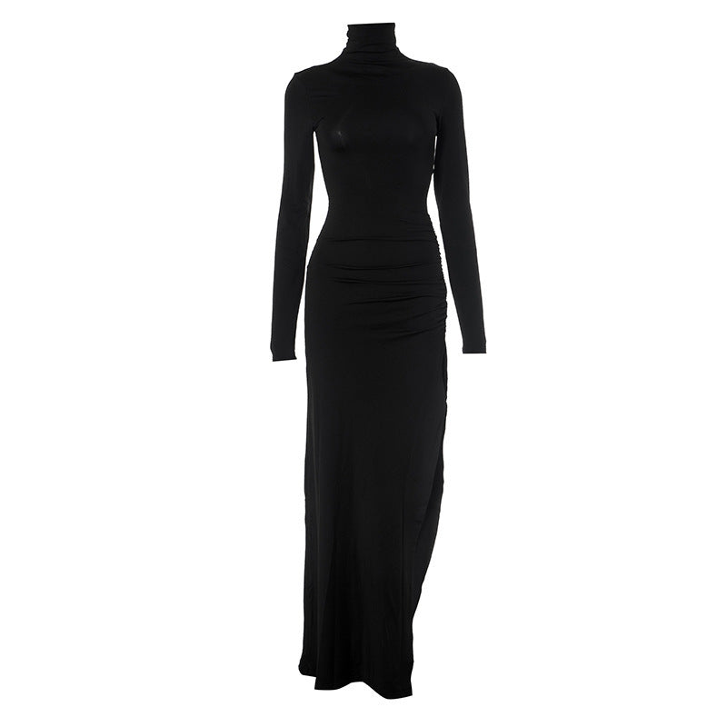 Solid Color Half High Collar Long Sleeves Slit Slim Fit Long Dress