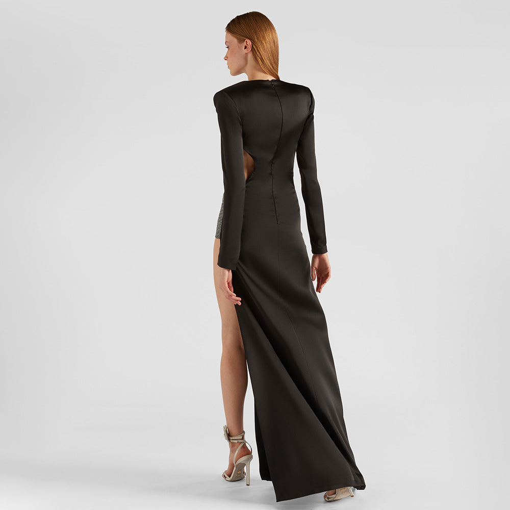 Black Cut out Rhinestone Dress Long Sleeve Split Slim Fit Dress Sexy