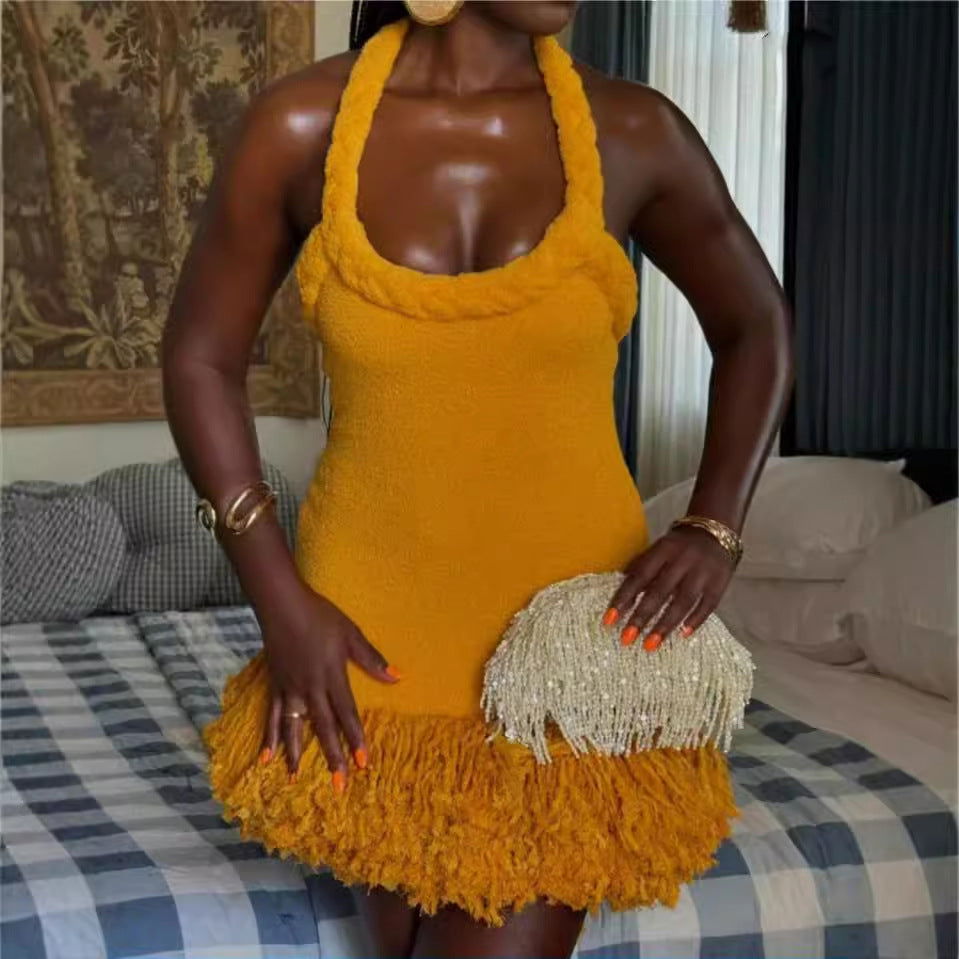 Twine Rope Shoulder Strap Tassel Dress Swing Short Dress