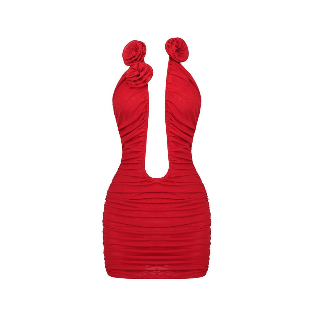 Red Hollow Out Cutout Three Dimensional Floral Pleated Mesh Strapless Dress Backless Dress