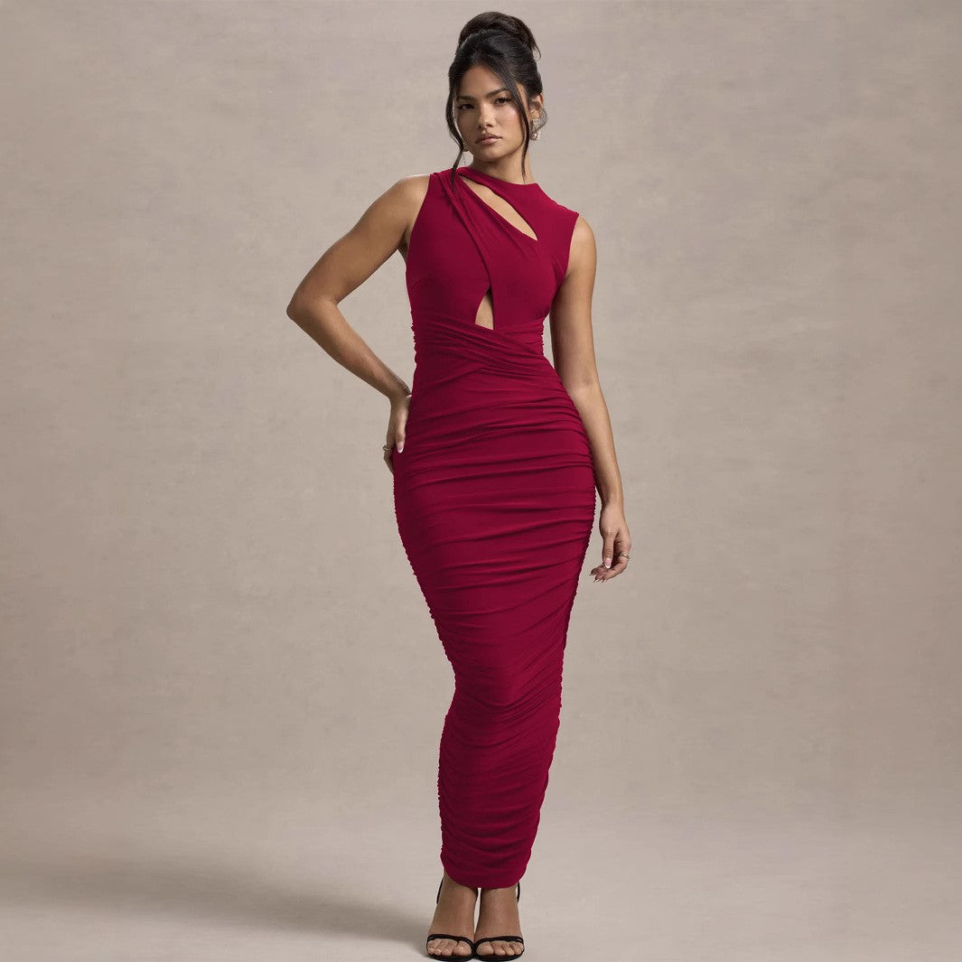 Elegant Pleated Slim Sleeveless round Neck Sheath Dress