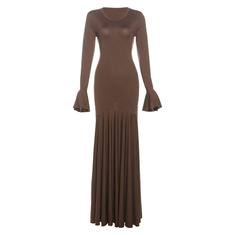 round Neck Waist Trimming Flared Long Sleeve Dress Elegant Fishtail Solid Color Dress