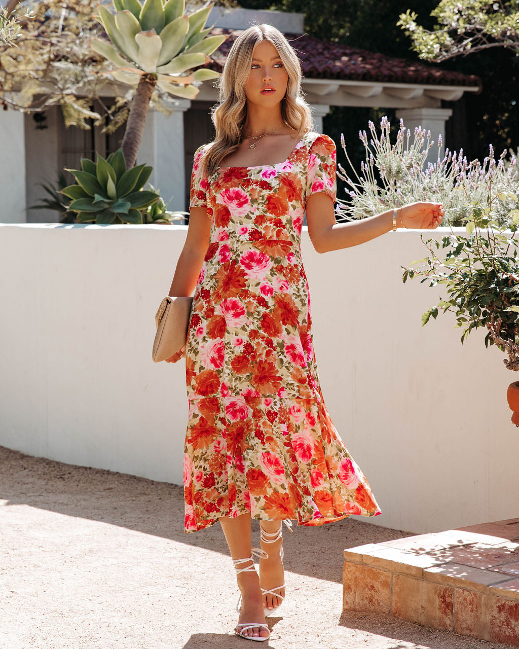 Aviana Floral Square Neck Midi Dress Multi